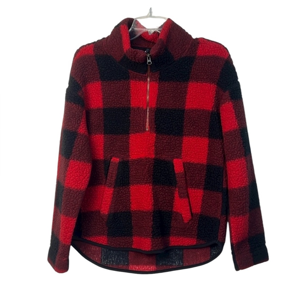 Old Navy Cozy Sherpa Half-Zip Pullover Sweater Red Black Plaid Size S
